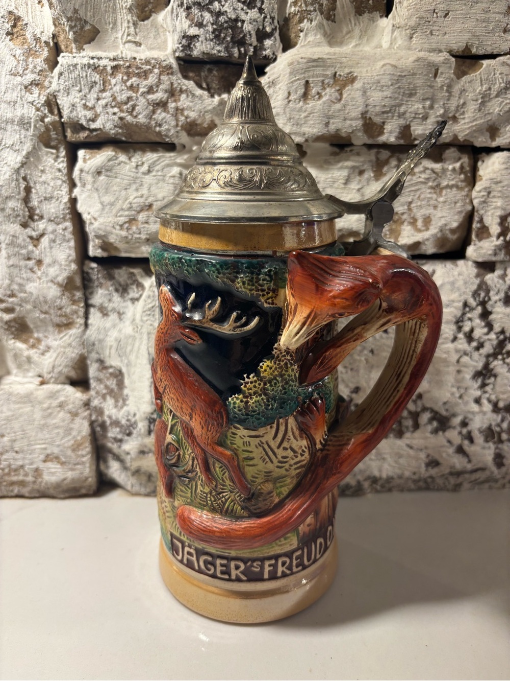 Vintage Hunter’s Joy Original King German Beer Stein with Fox Handle